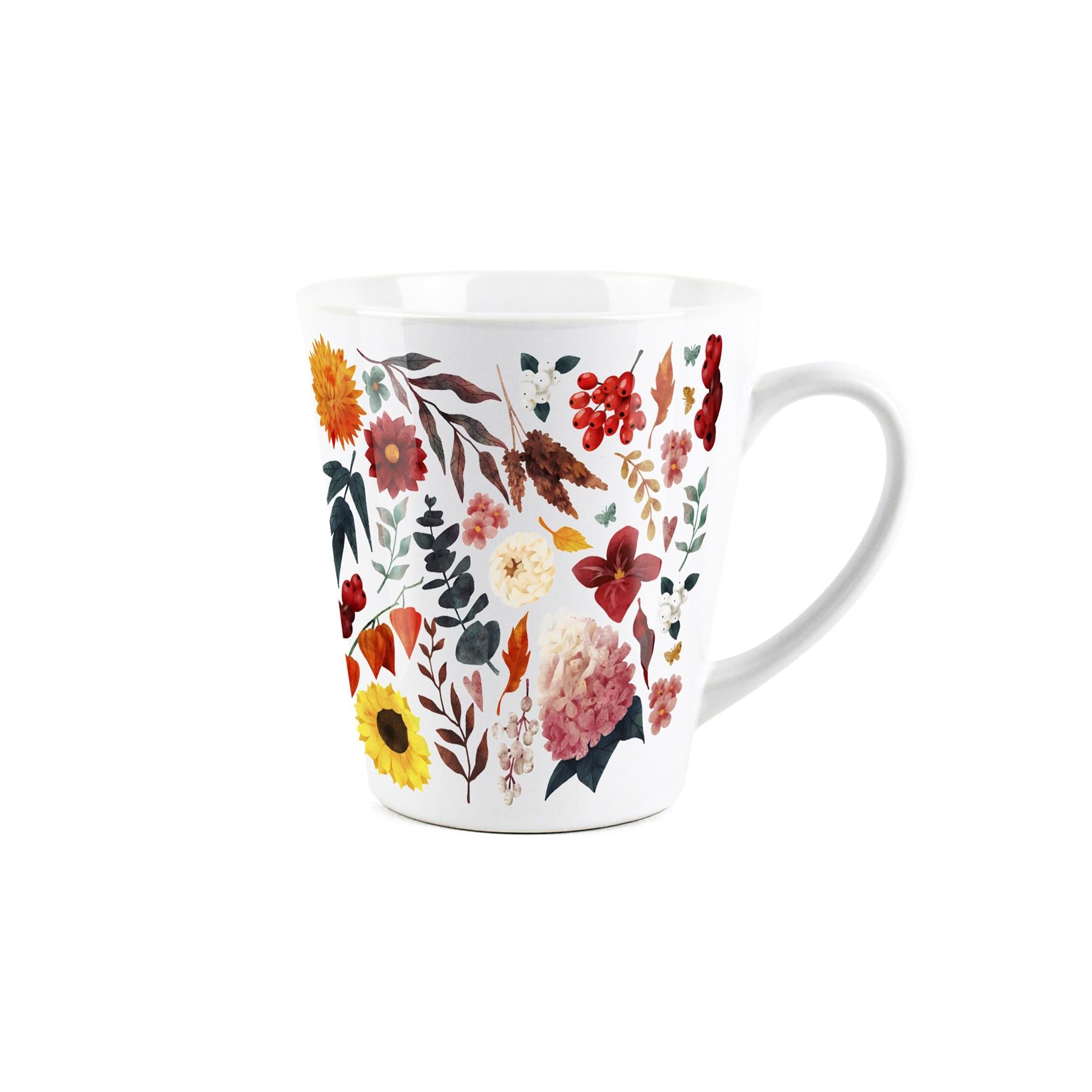Small white latte mug with autumn foliage design