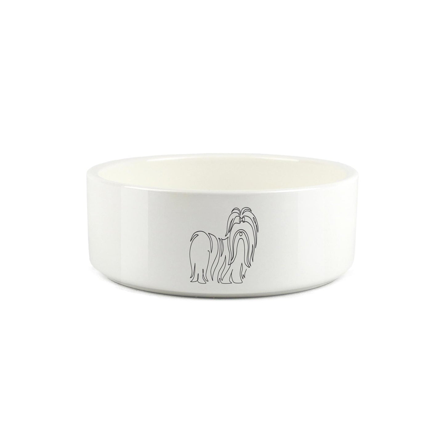 Minimalist line drawing of shih-tzu on white ceramic pet bowl