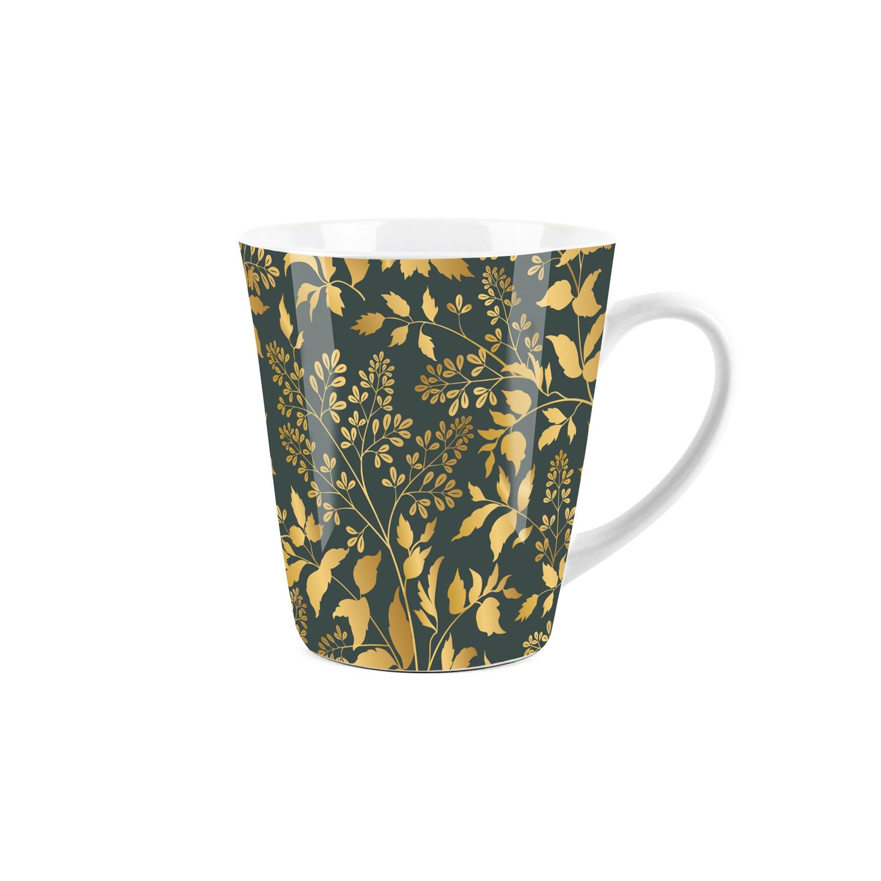 Small white latte mug with gold & green foliage design