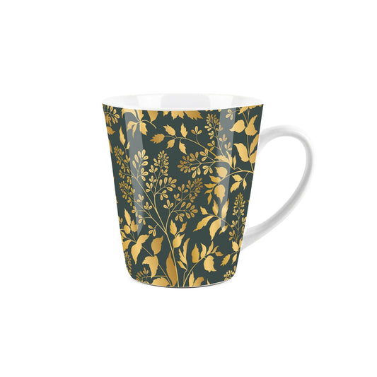 Small white latte mug with gold & green foliage design