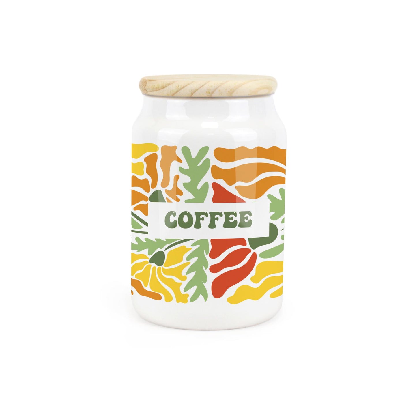 White ceramic canister featuring bright orange and yellow floral design.