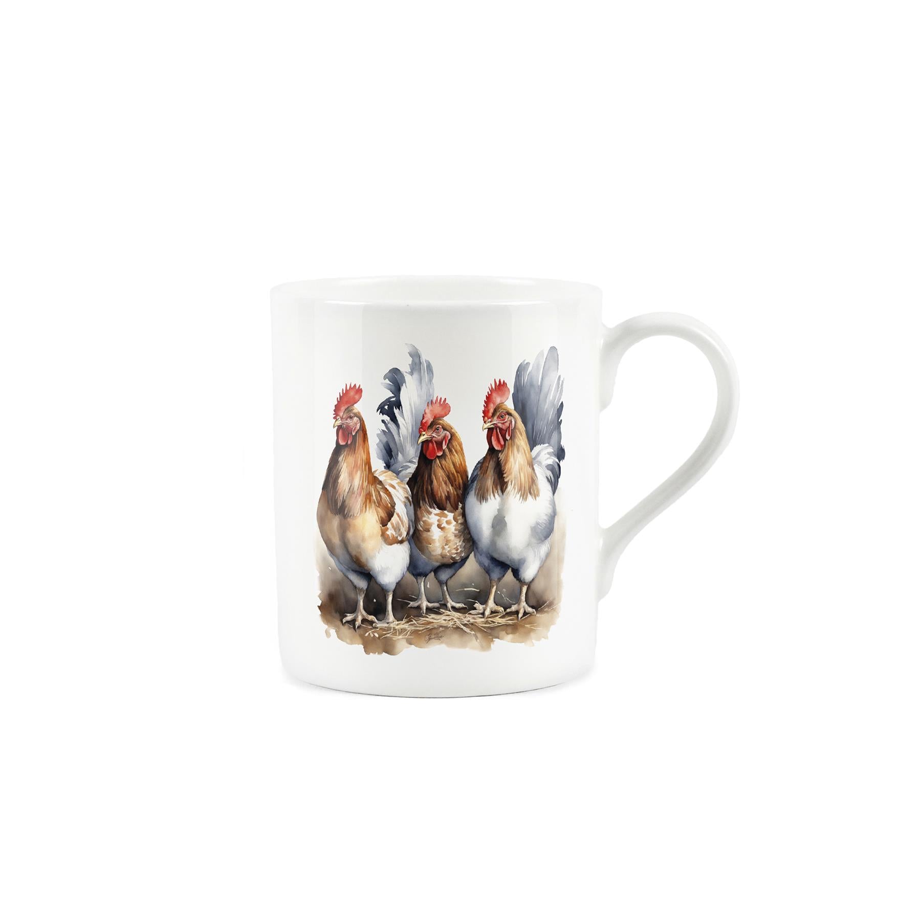 Painted design of 3 French hens on a white bone china mug