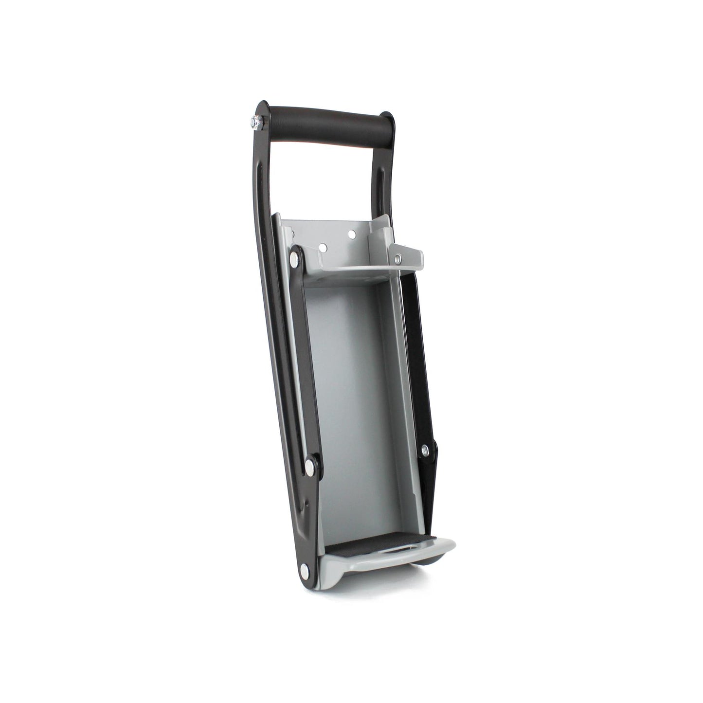 Wall-mounted can and bottle crusher with lever arm for easy use. Includes soft grip handle and built-in bottle opener.