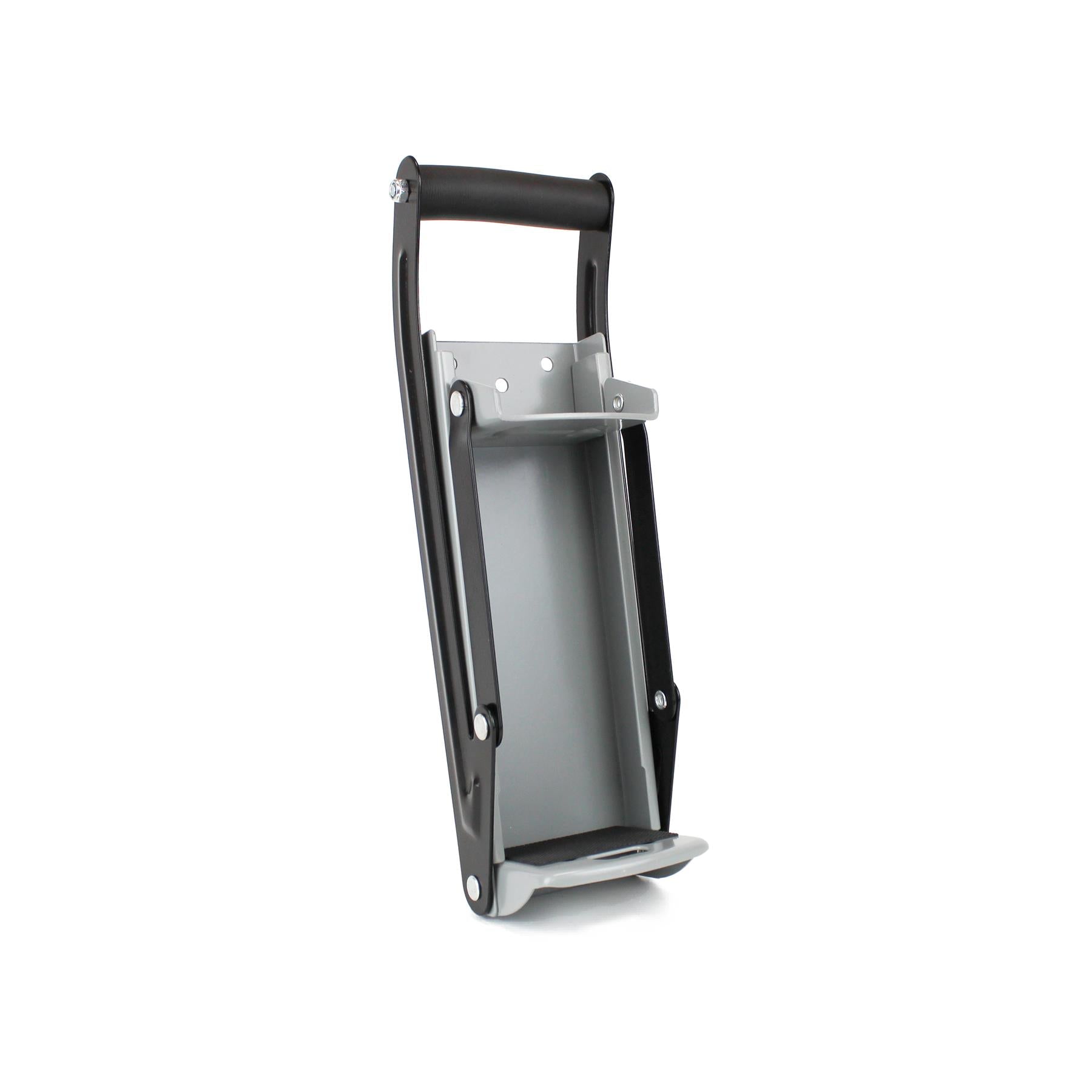 Wall-mounted can and bottle crusher with lever arm for easy use. Includes soft grip handle and built-in bottle opener.