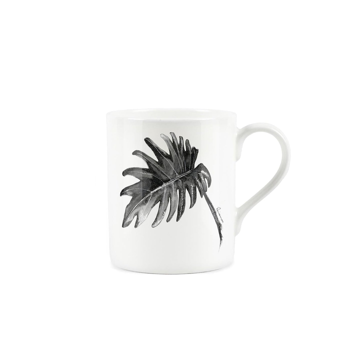 Black cheese plant rendered in ink on a white bone china mug.