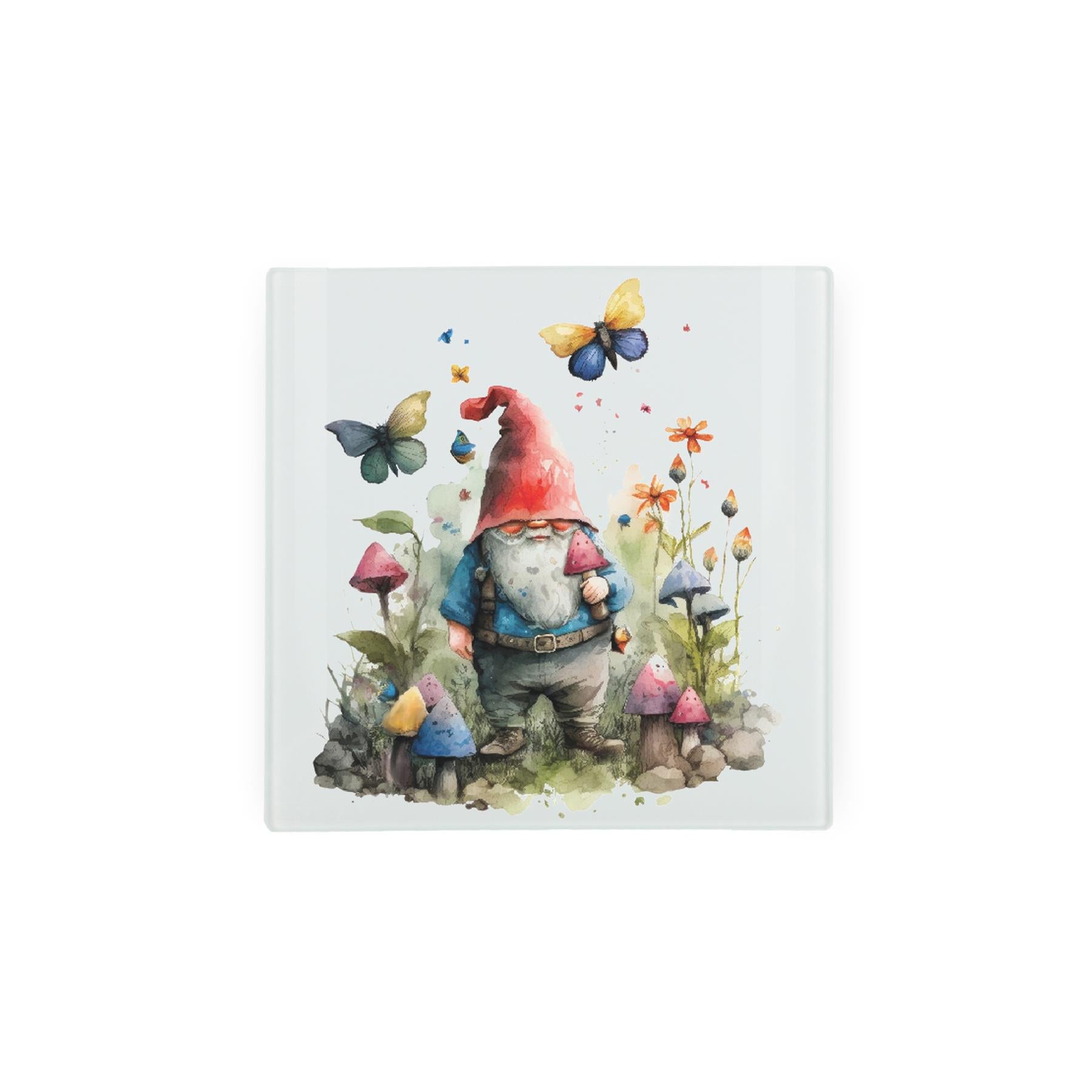 Mini glass worktop protector with garden gnome design.