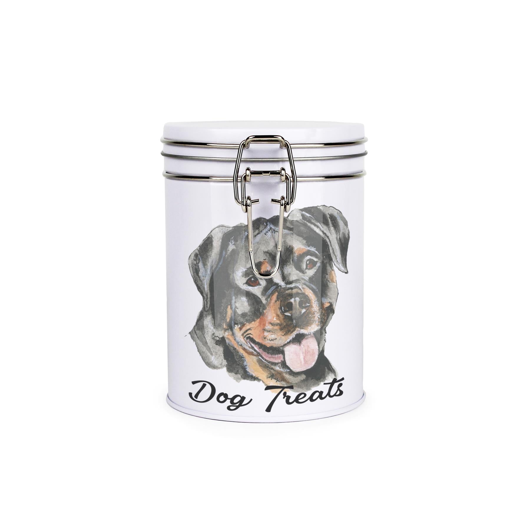 White tinplate canister with metal clip and lid featuring the face of a Rottweiler with the caption 'Dog Treats'