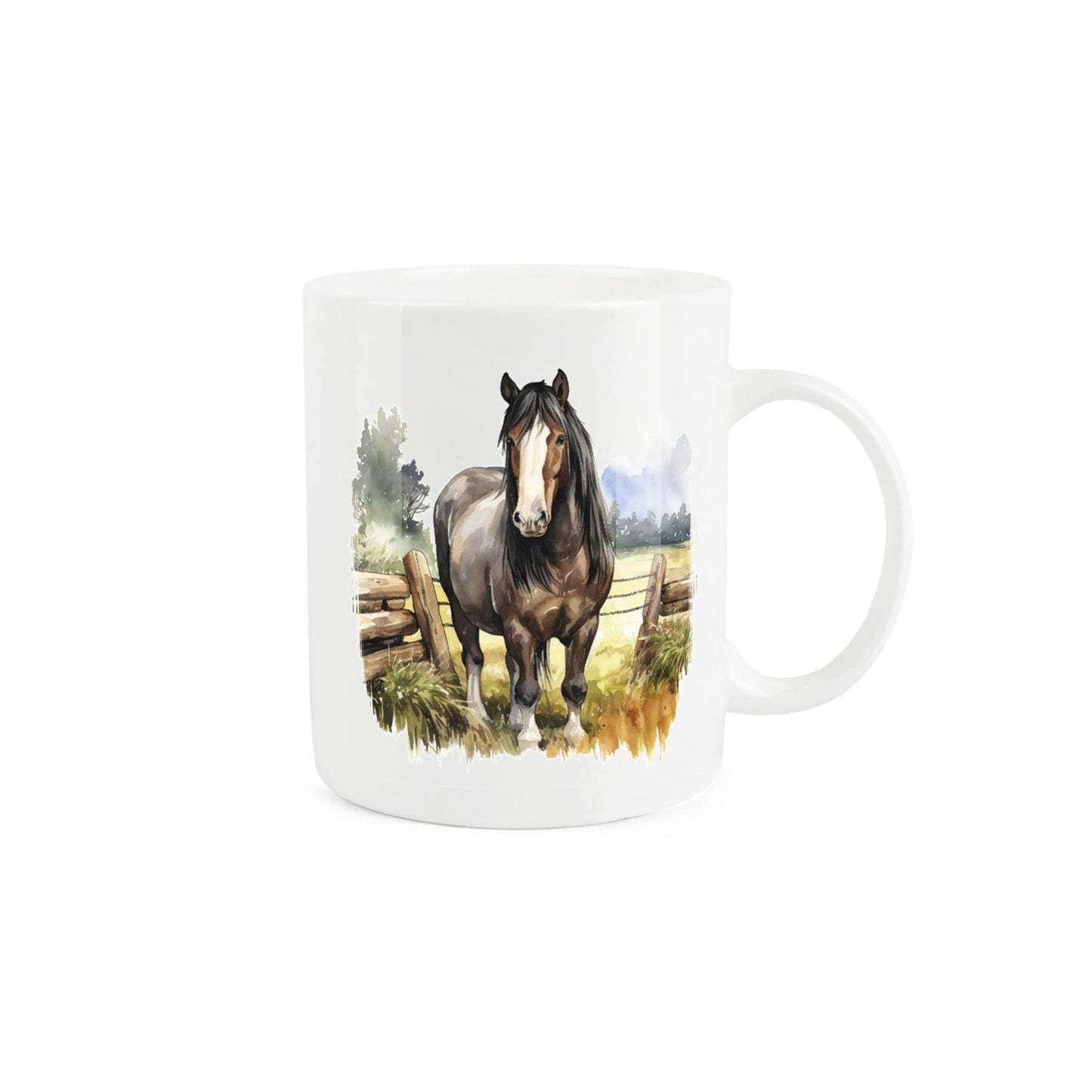 Bone china mug featuring watercolour artwork of shire horse in field