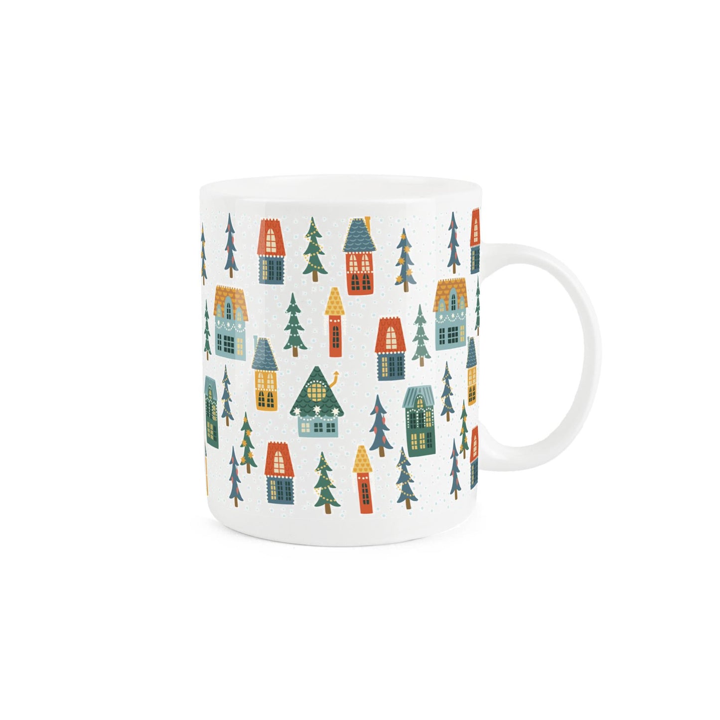 White bone china mug featuring christmas houses