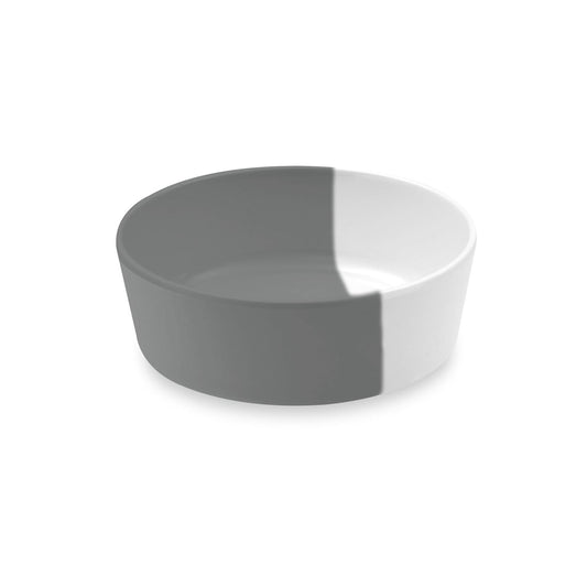 Lightweight melamine medium pet bowl in elegant grey & white split design.