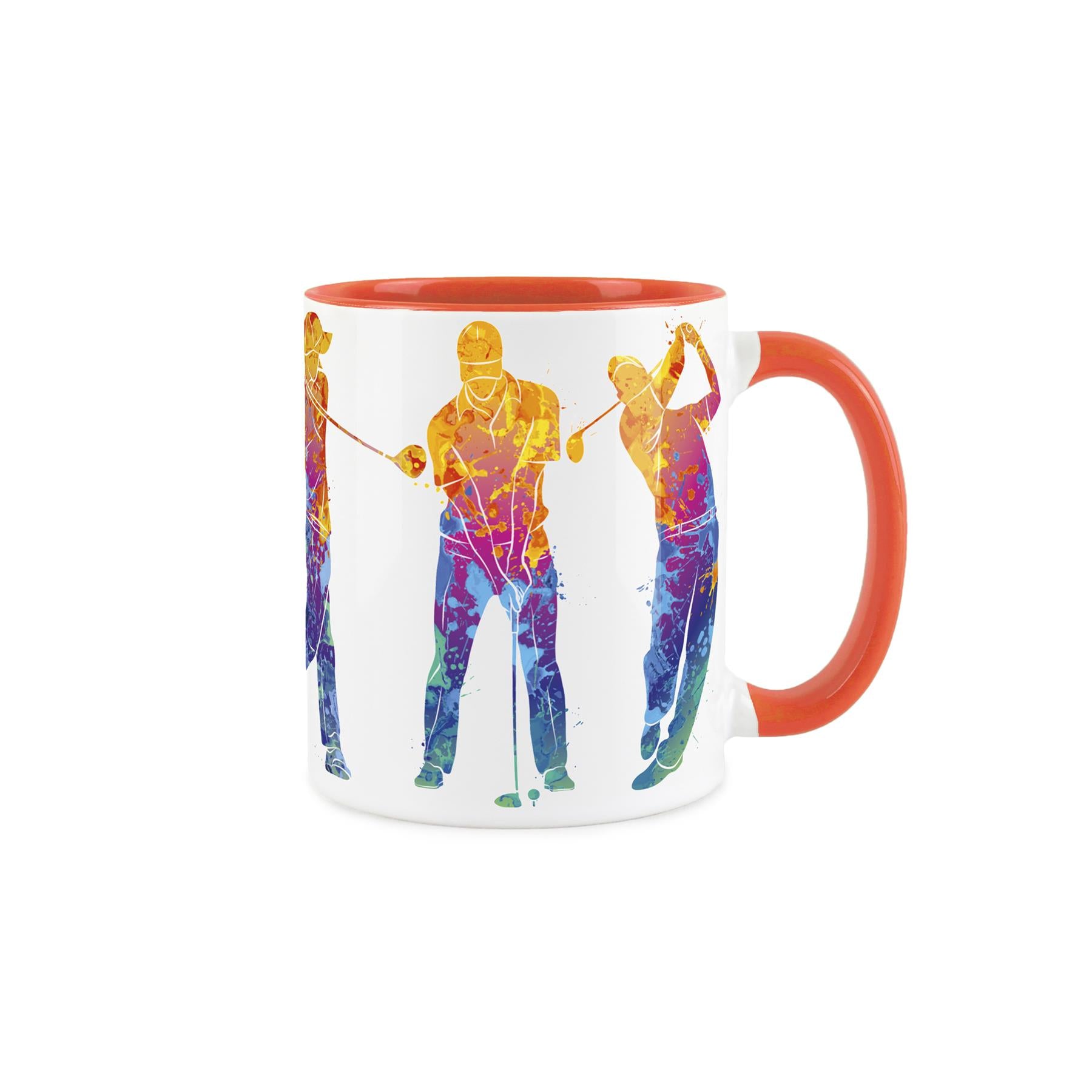White ceramic mug featuring vibrant, paint-splattered depiction of people playing football