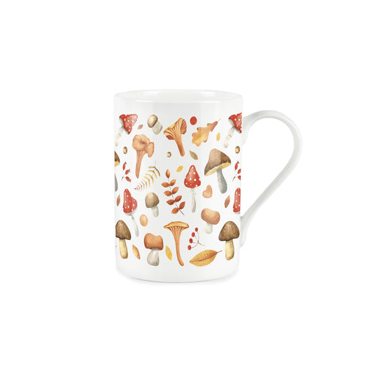 Colourful autumnal mushroom pattern on a white bone china mug