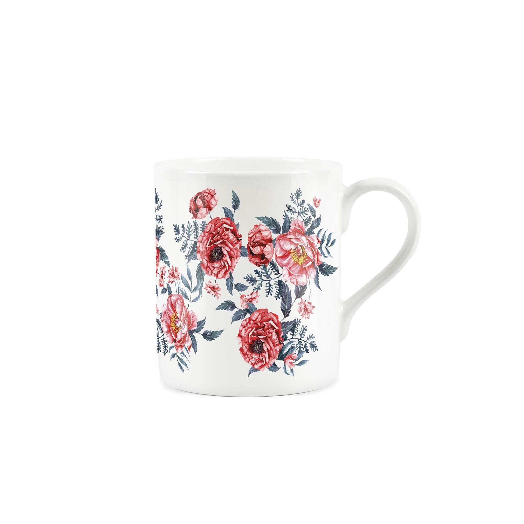 White bone china mug featuring painted read peonies design