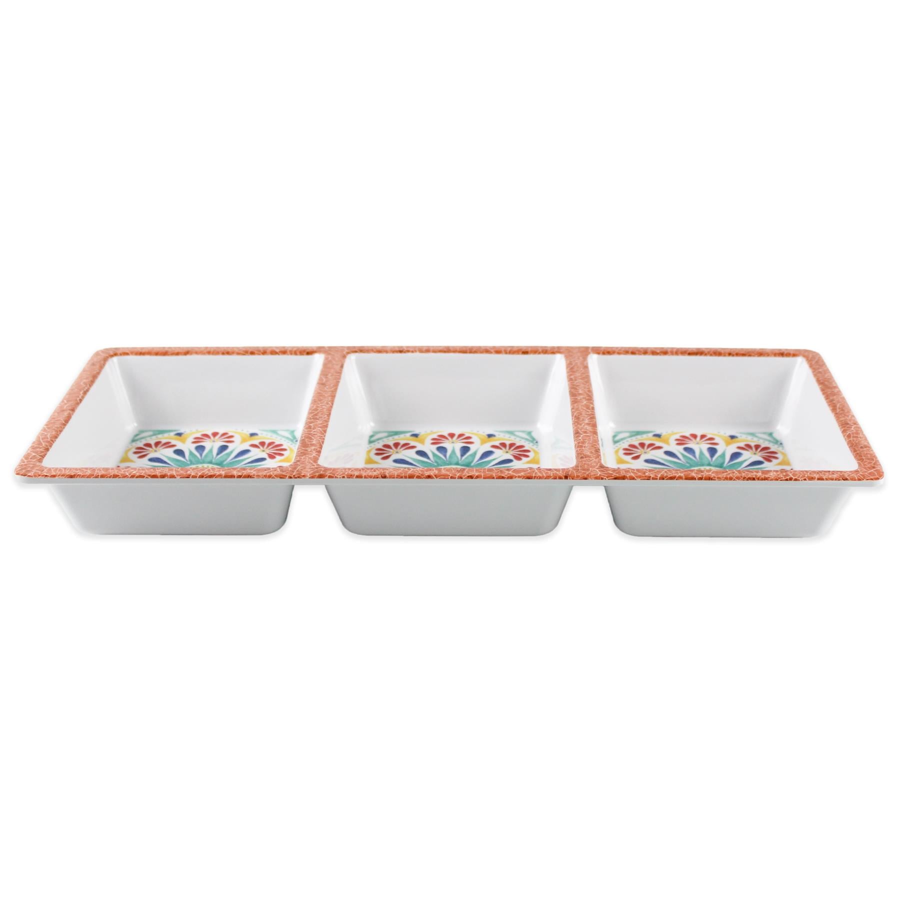 This 3-section serving tray made from melamine and the sections are designed for easy to organize and enjoy different snacks or appetizers