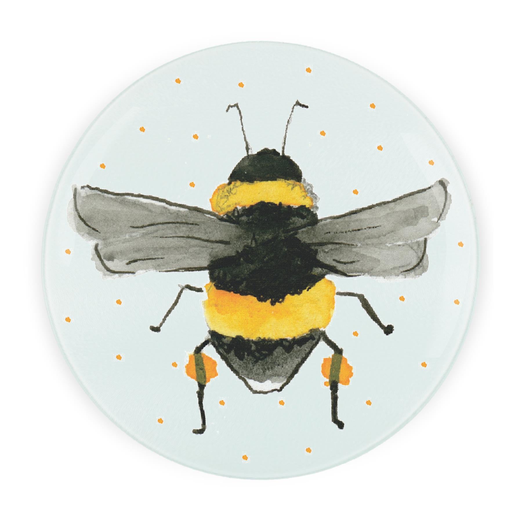 Round glass worktop protector with painted bumblebee print