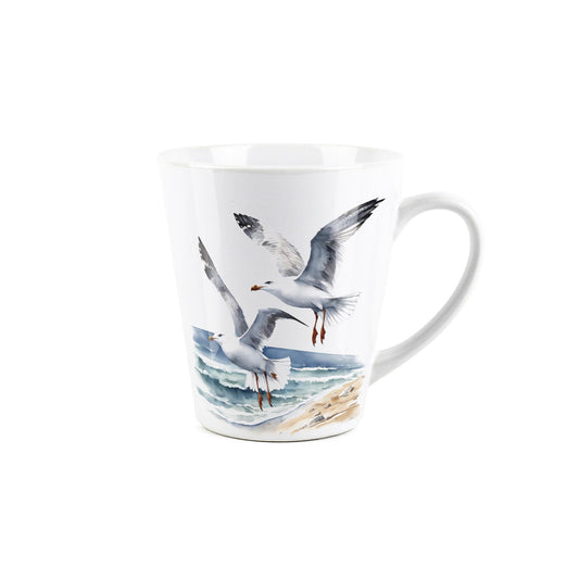 Small white latte mug with seagull design
