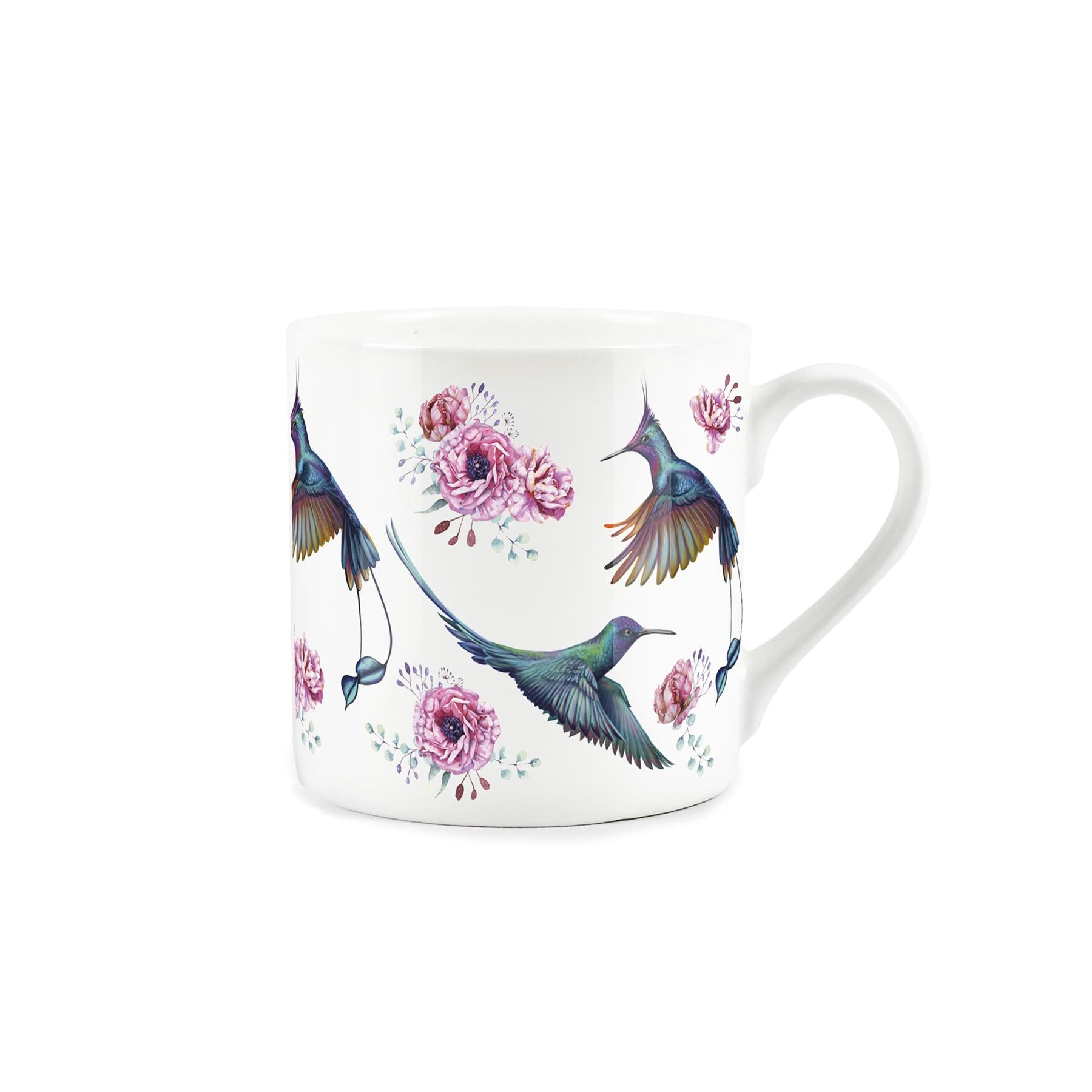 White bone china mug featuring painted humming bird and flower design