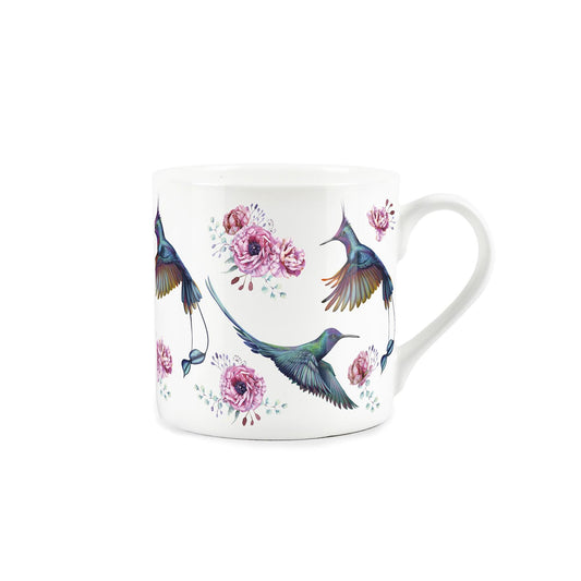 White bone china mug featuring painted humming bird and flower design
