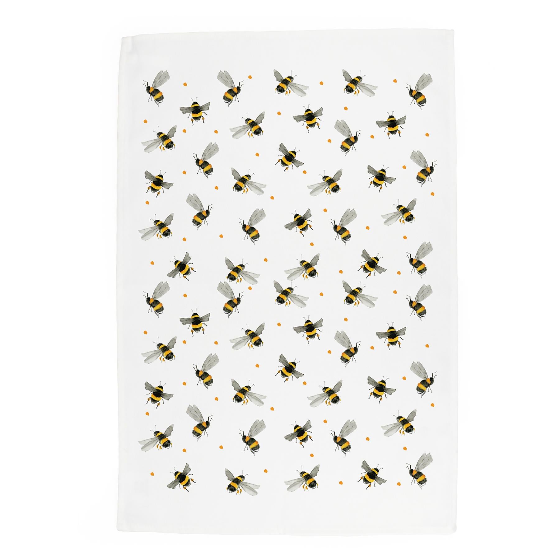 Painterly watercolour design of various bees in flight broken up by orange dots printed onto white cotton tea towel