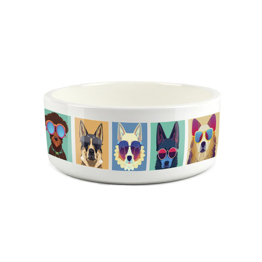 Small ceramic white pet bowl with pop art style Large dogs wearing sunglasses printed on surface.