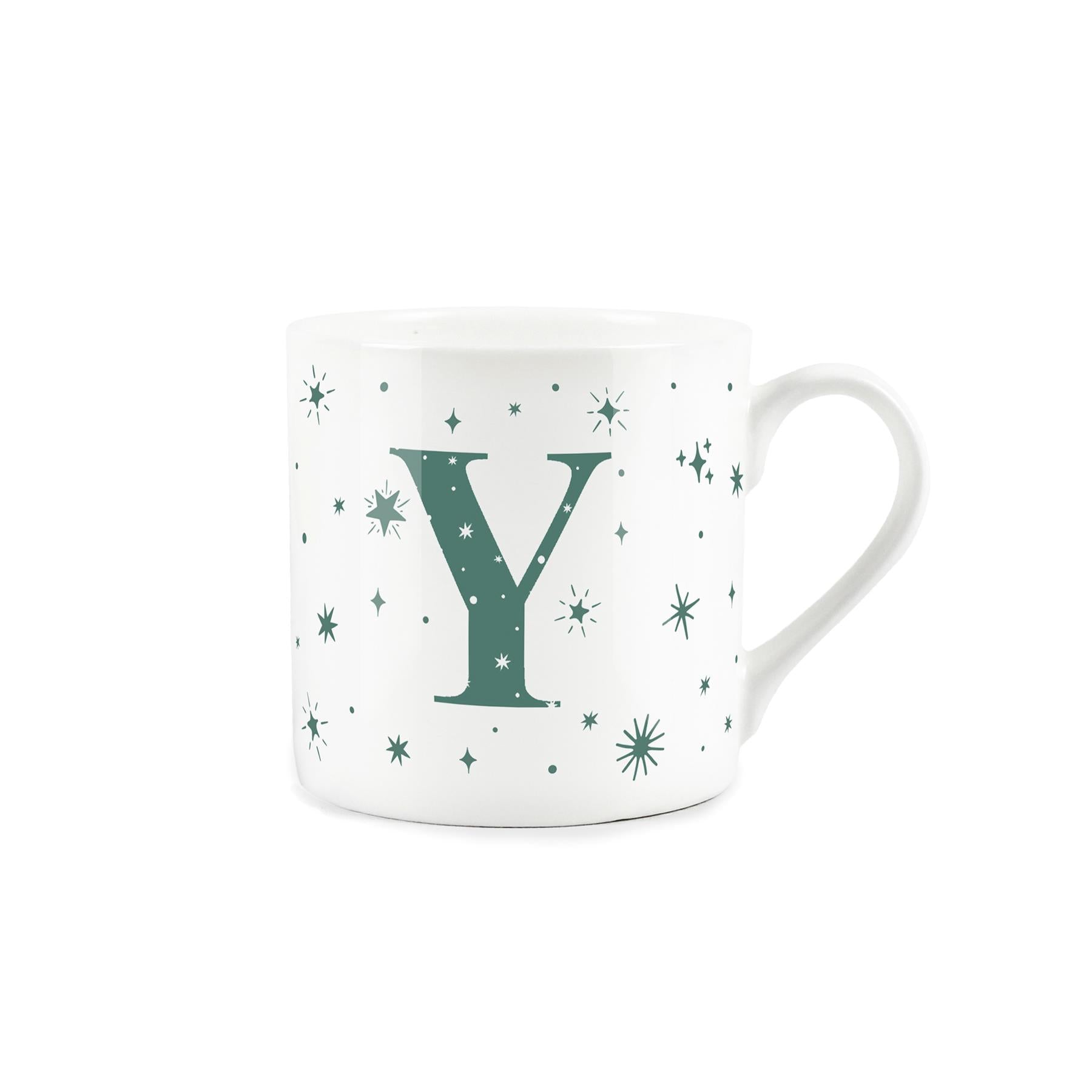 White bone china mug with green stars and letter 'Y' alphabet design