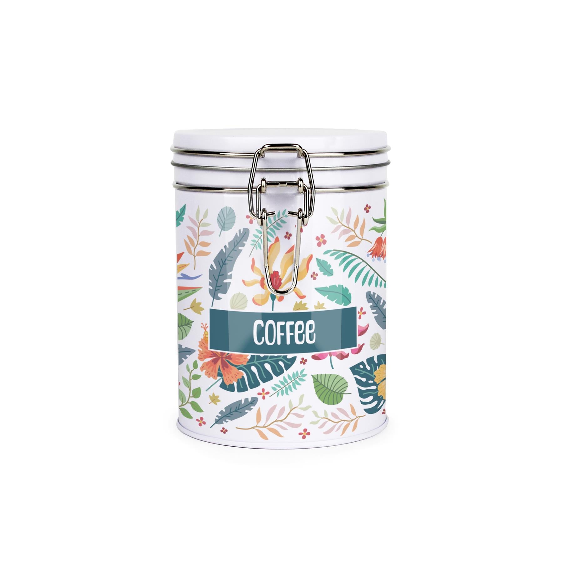 White metal storage canister with metal clip and lid featuring a colourful leaf design on a white background with coffee text on front