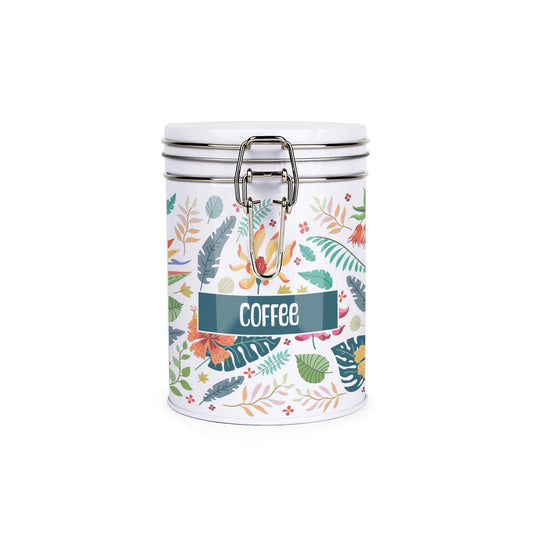 White metal storage canister with metal clip and lid featuring a colourful leaf design on a white background with coffee text on front