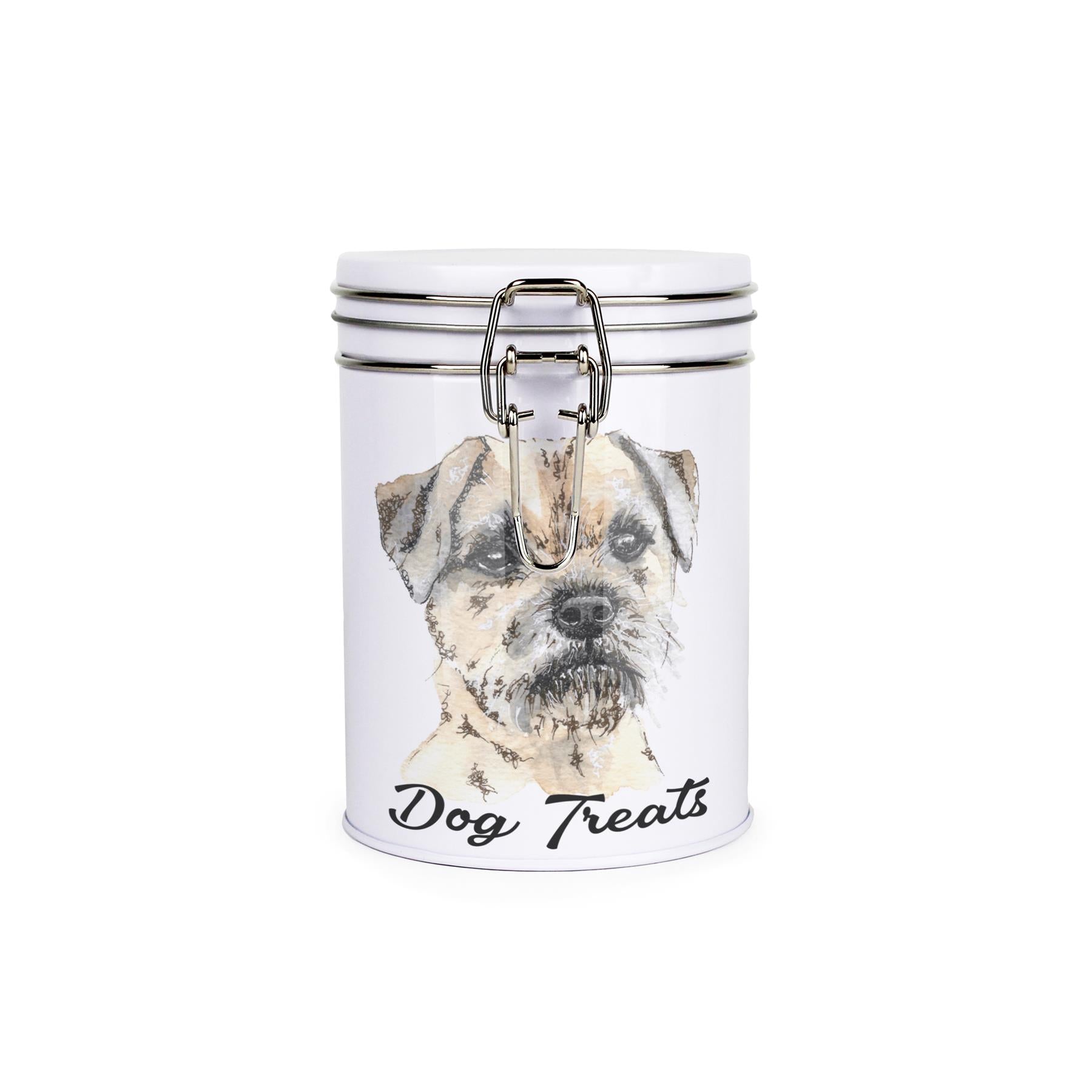 White tinplate canister with metal clip and lid featuring the face of a Border Terrier with the caption 'Dog Treats'