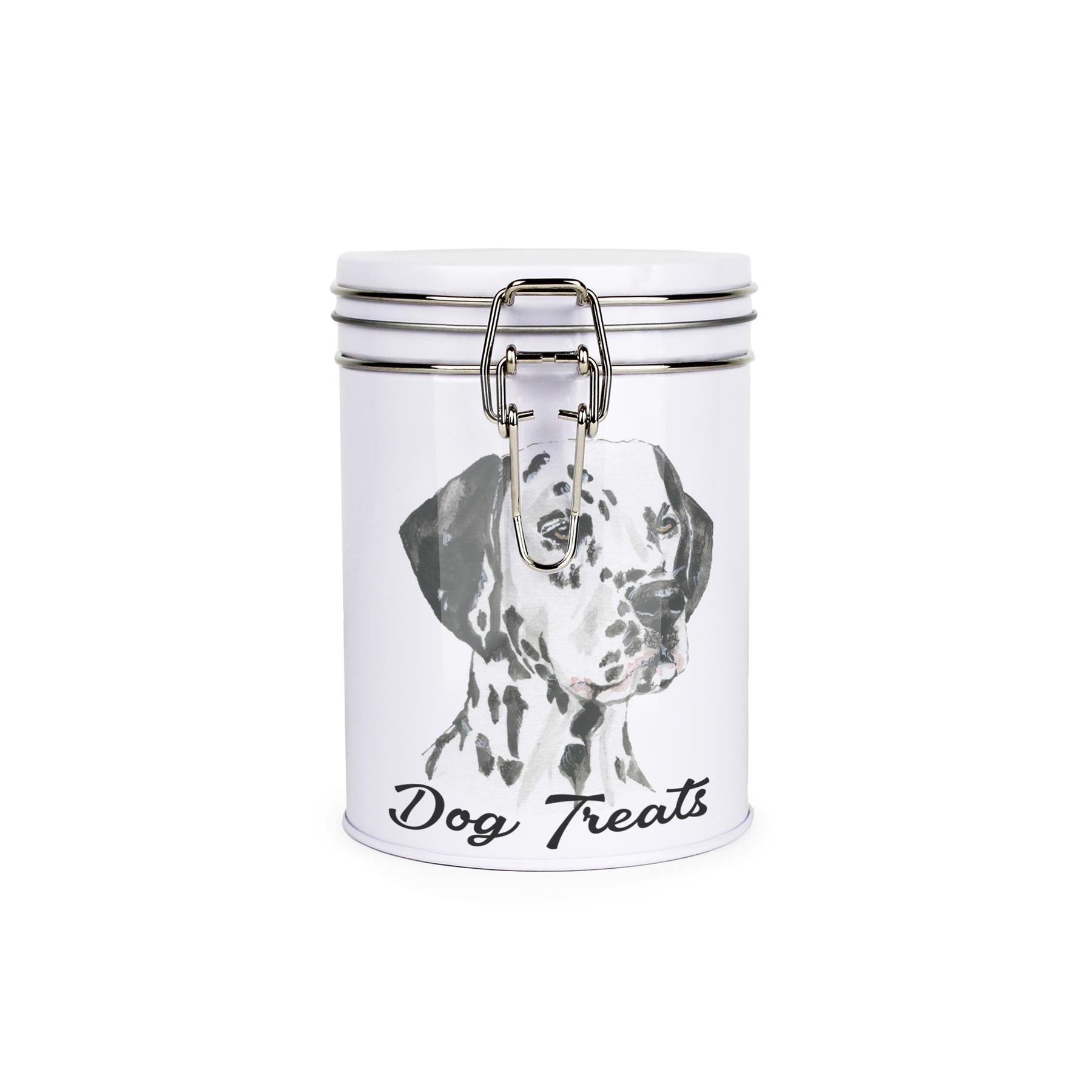 White tinplate canister with metal clip and lid featuring the face of a Dalmatian with the caption 'Dog Treats'