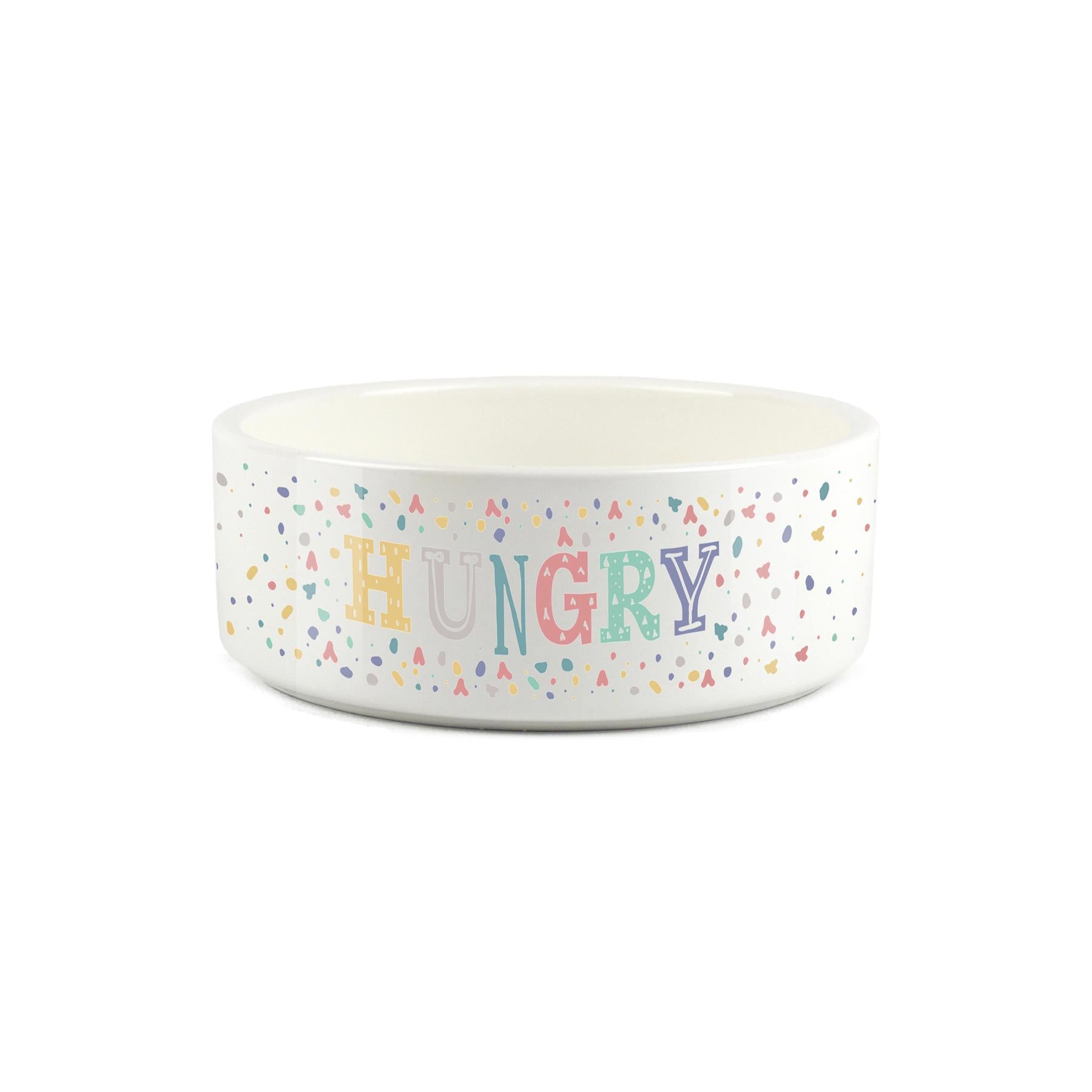 Colourful speckled hungry design printed onto a small white ceramic pet bowl
