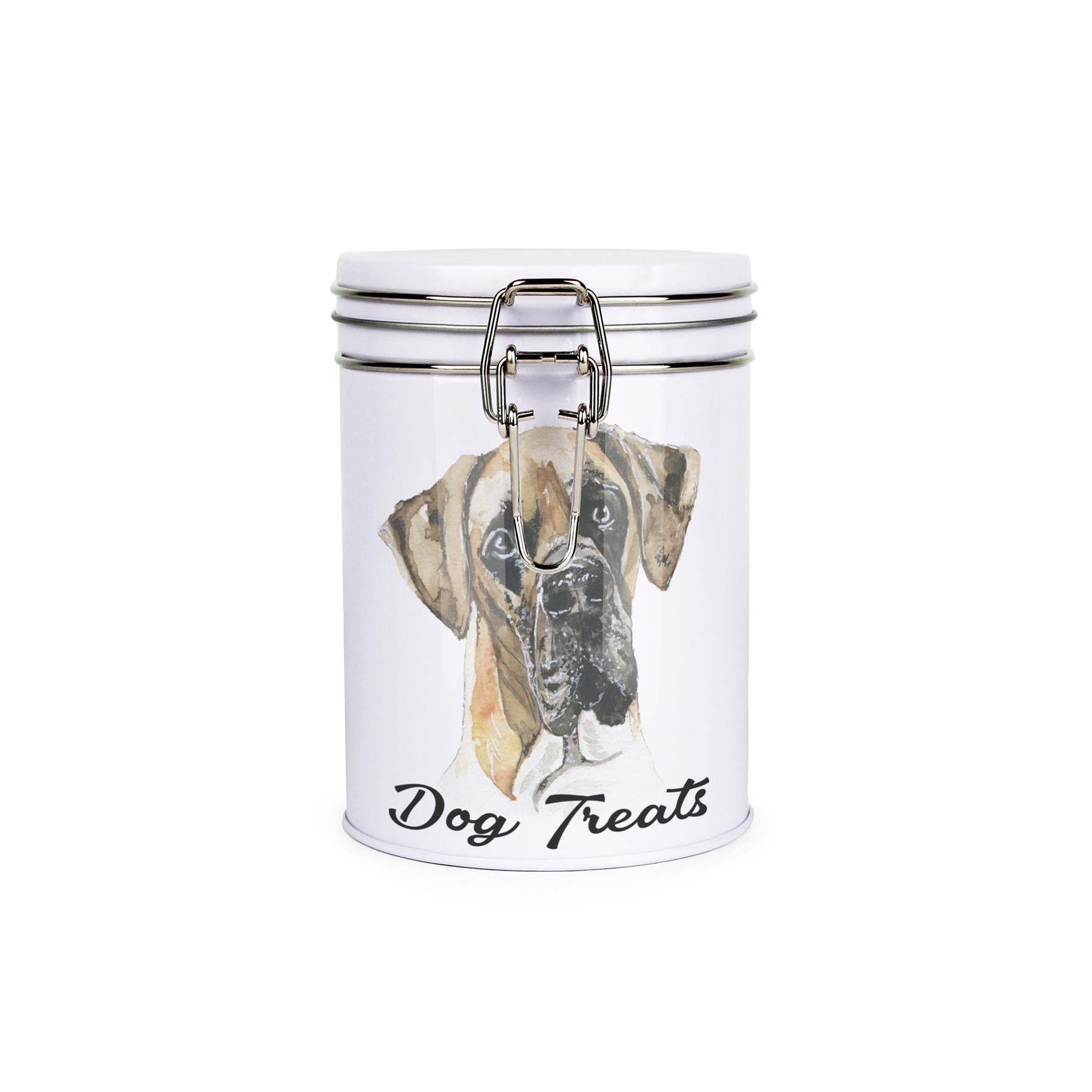 White tinplate canister with metal clip and lid featuring the face of a Great Dane with the caption 'Dog Treats'