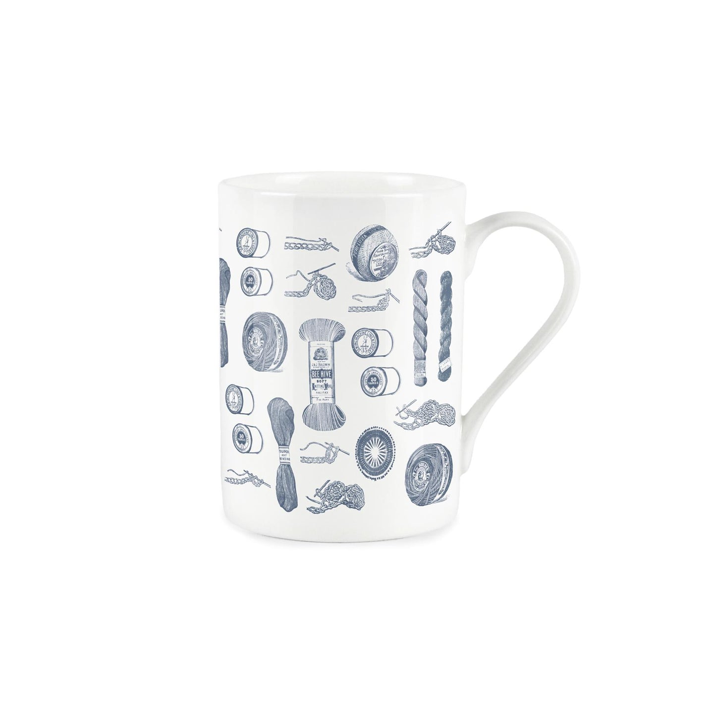 White bone china mug with vintage blue wool and thread design