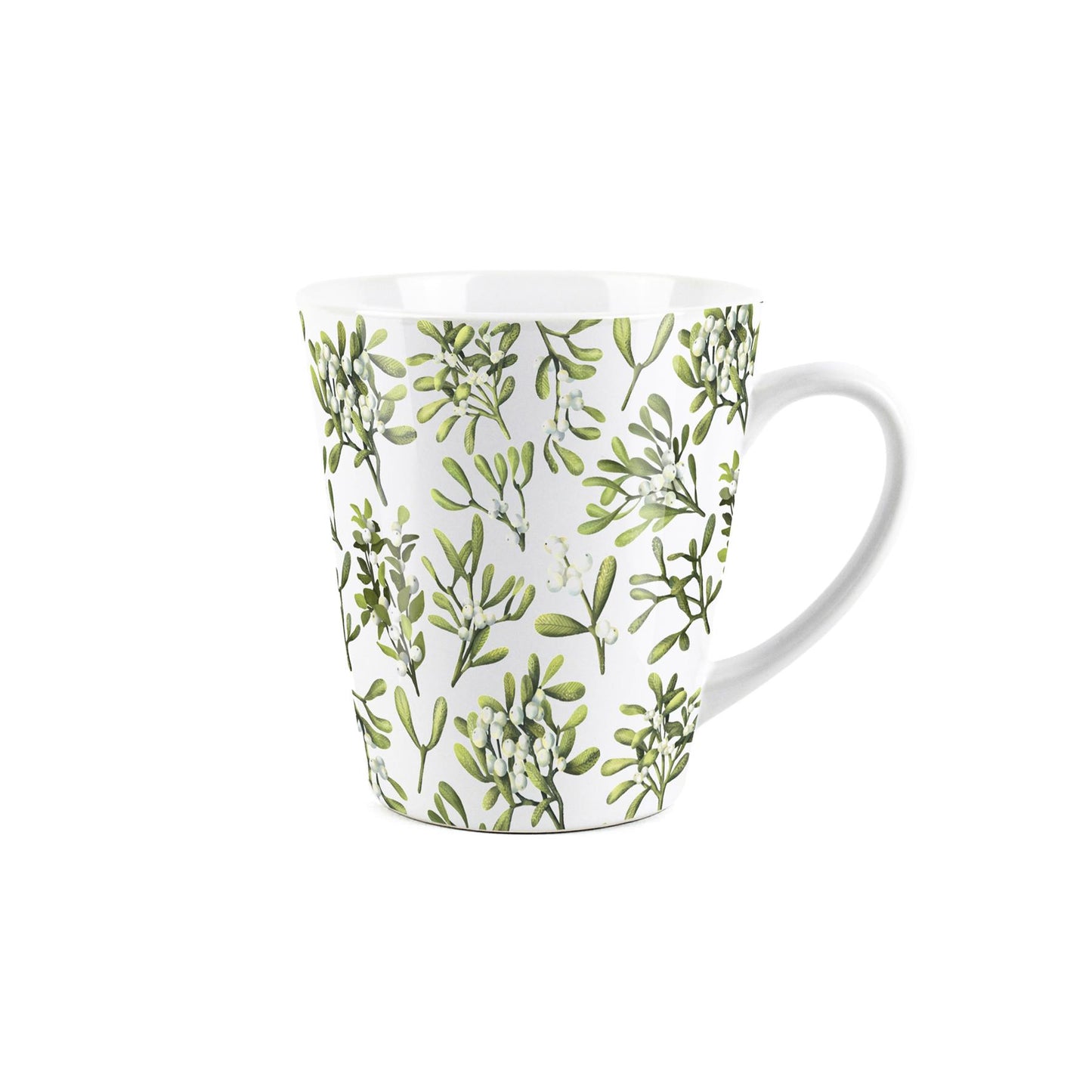 Small white latte mug with green mistletoe design