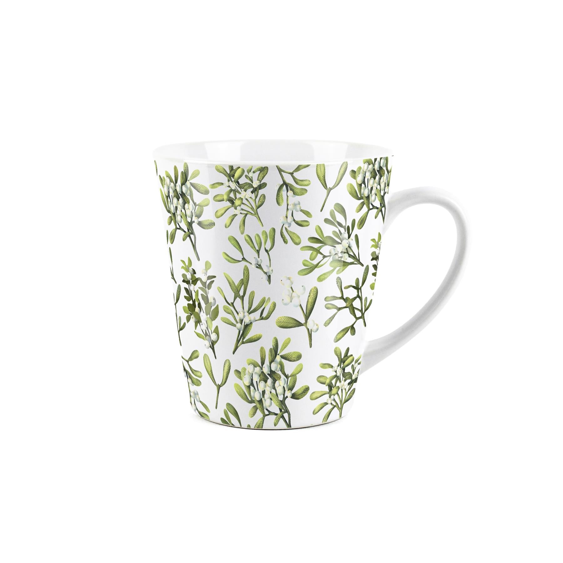 Small white latte mug with green mistletoe design