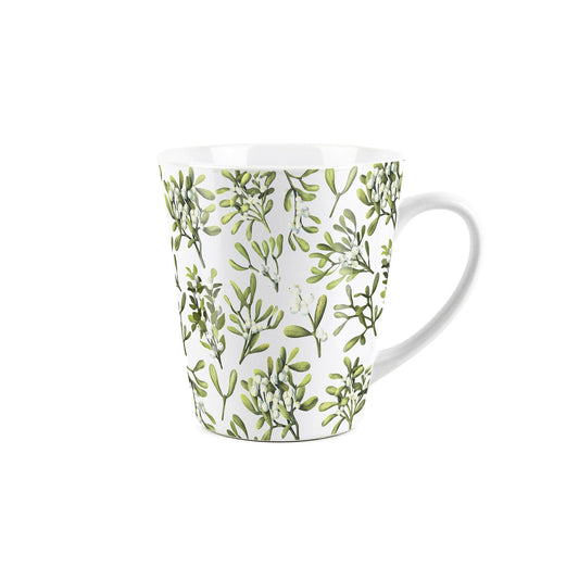 Small white latte mug with green mistletoe design