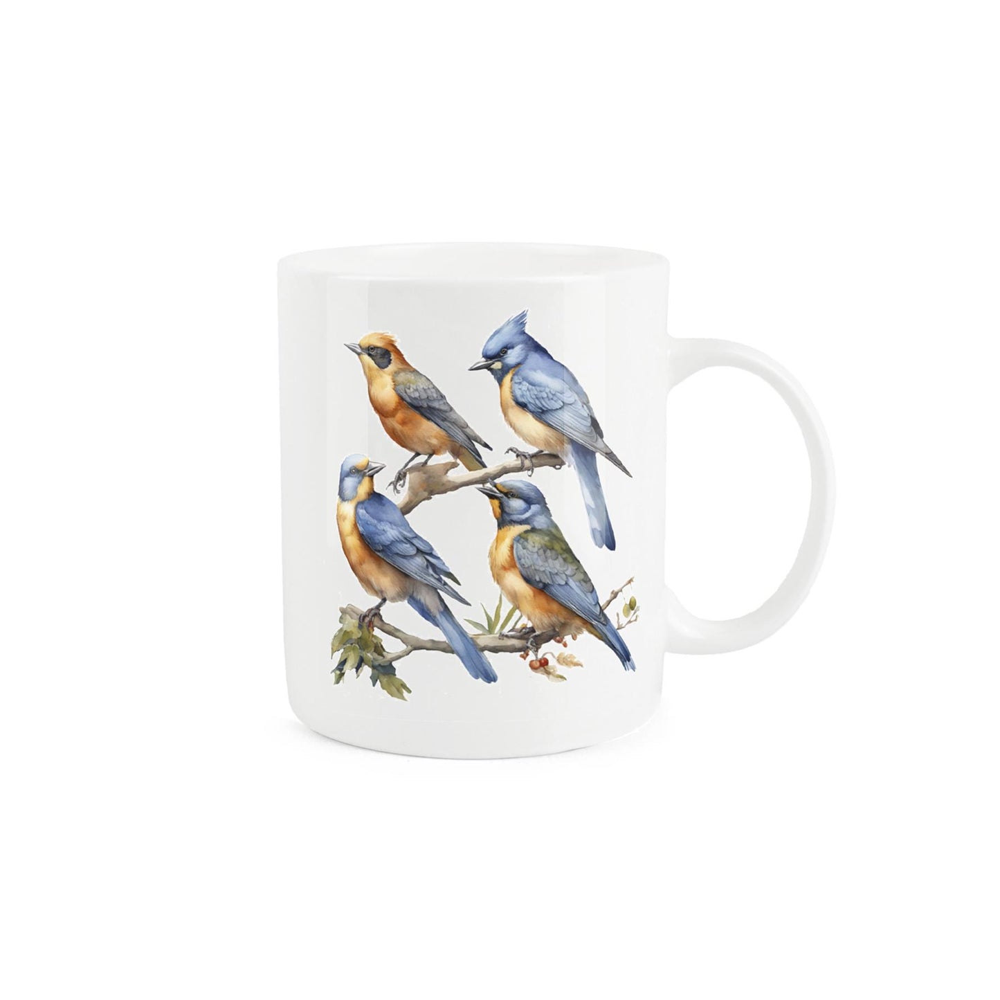 Festive bone china mug celebrating the 4th day of Christmas. Four birds design.
