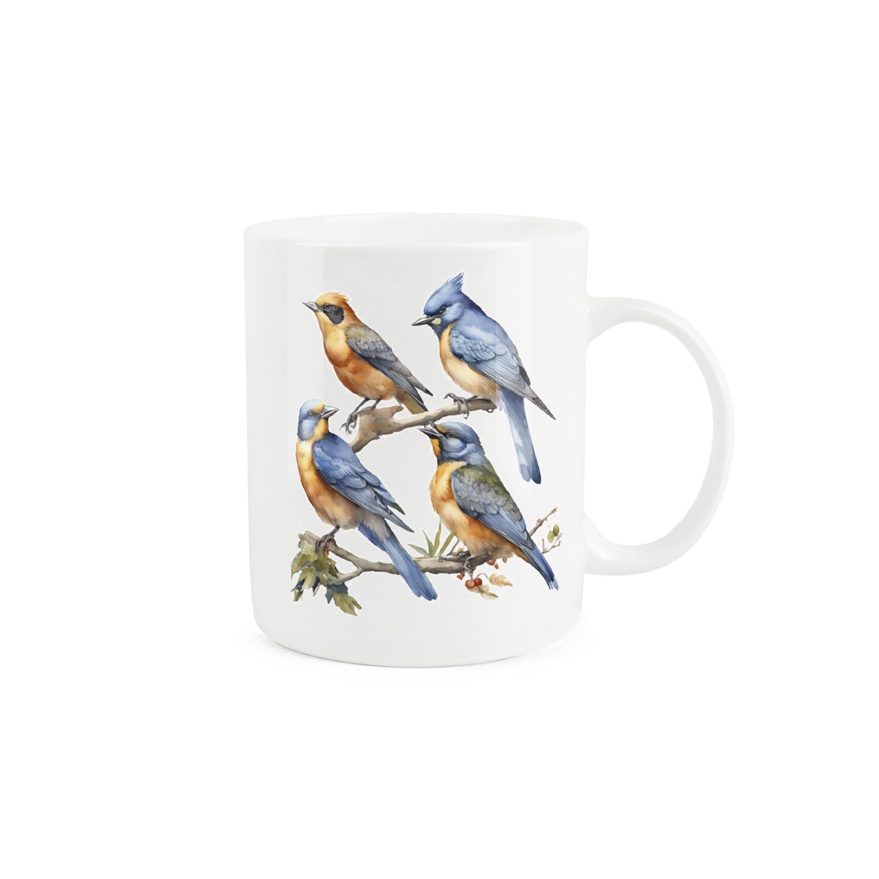 Festive bone china mug celebrating the 4th day of Christmas. Four birds design.