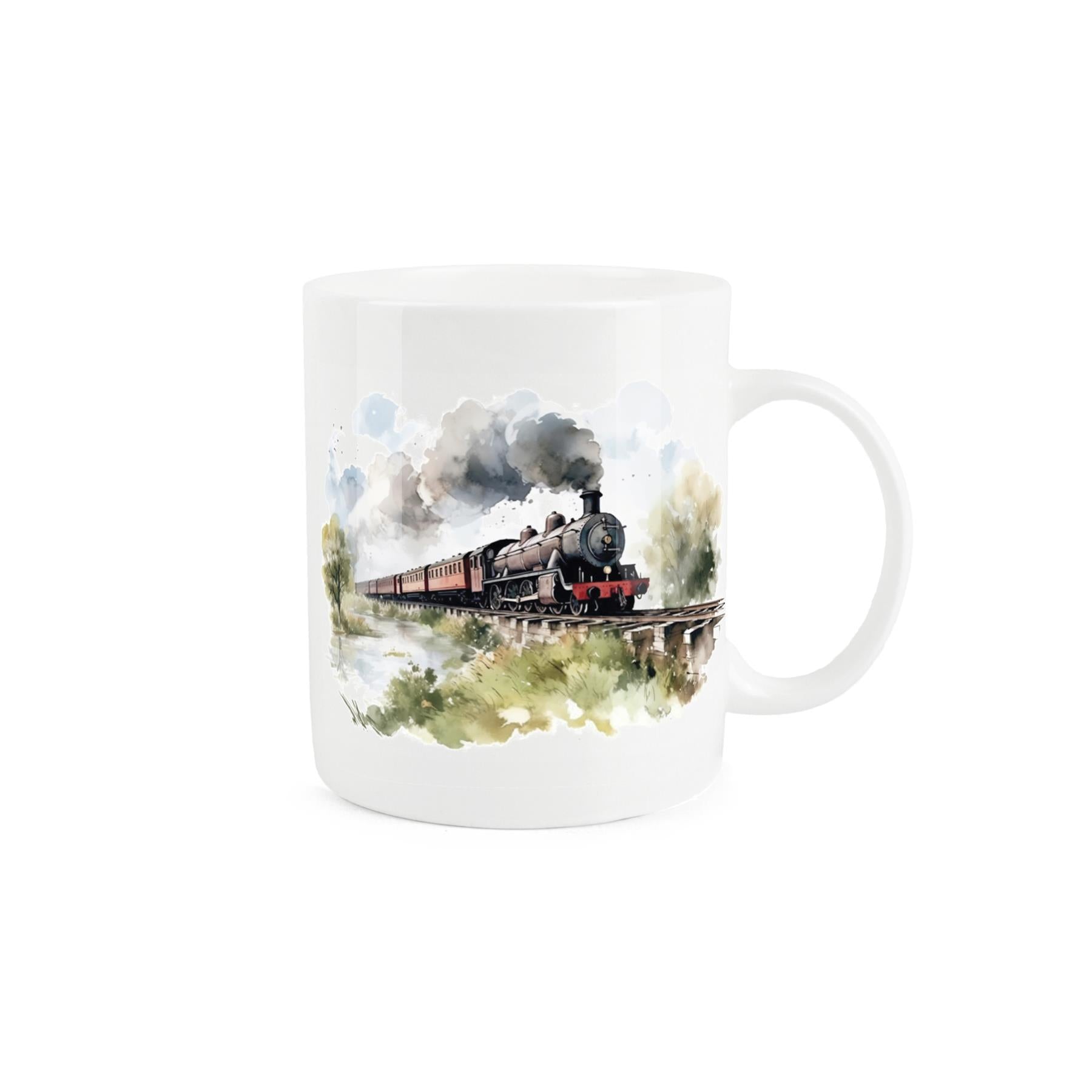 Steam train-themed white bone china mug with a scene of a train moving through grass and shrubs.