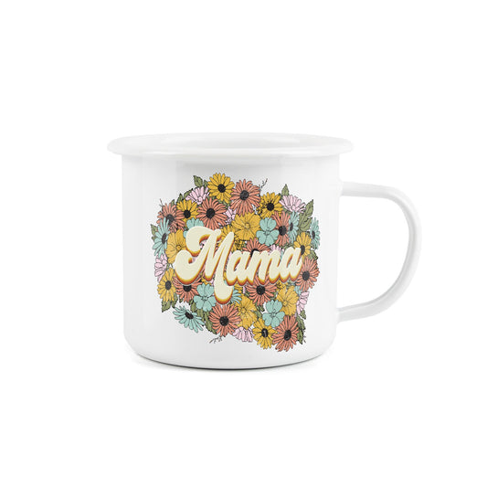 Colorful floral mama-themed mug for camping, a perfect gift for mothers with a durable design.