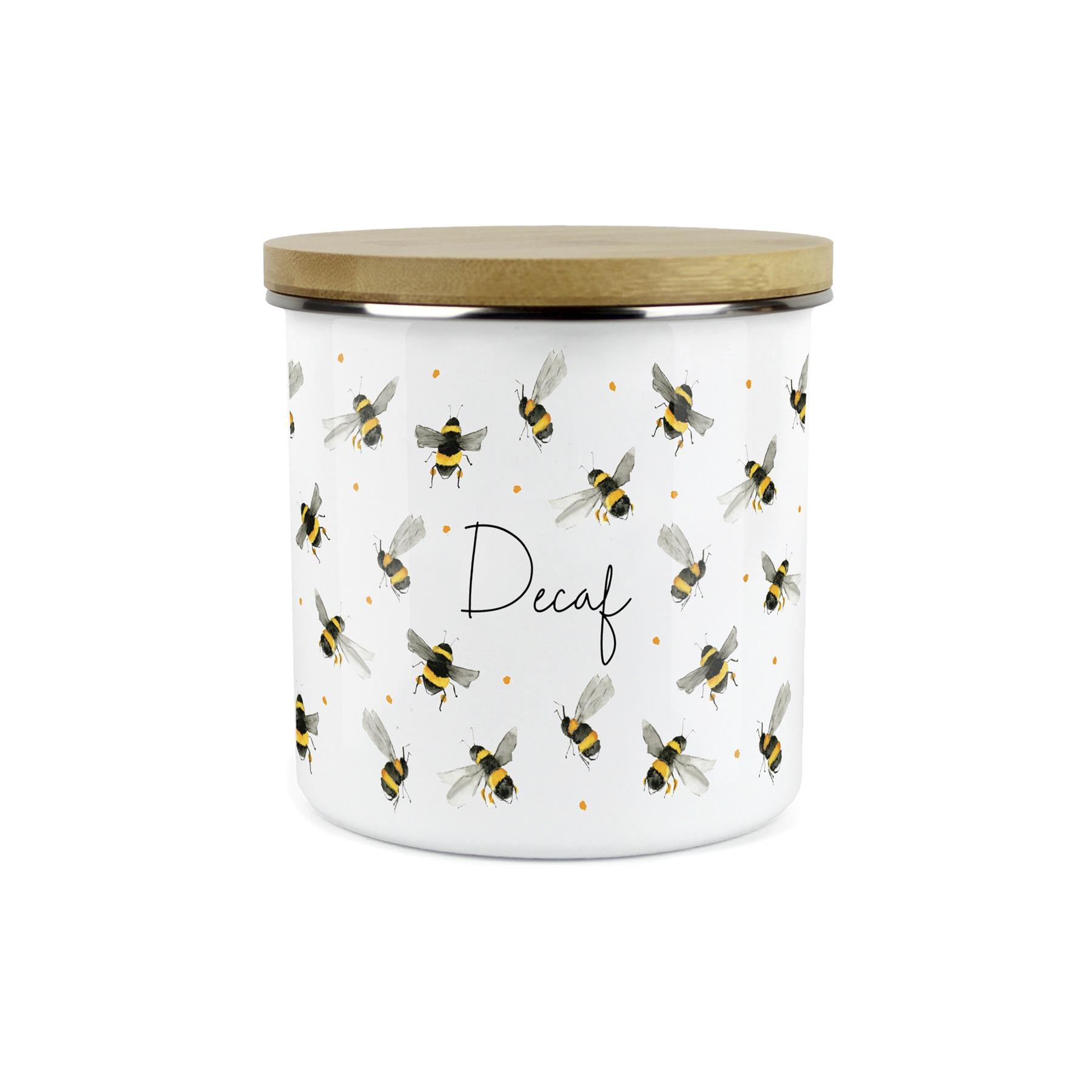 Decaf Canister - Watercolour Bees Kitchen Airtight Enamel Storage Jar