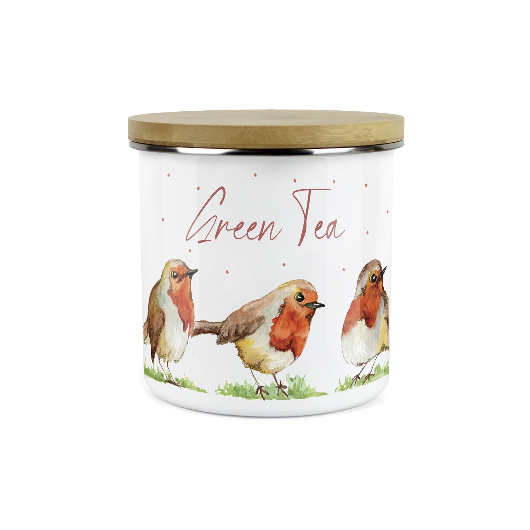 Green Tea Storage Canister - Robins Watercolour Painted Kitchen Storage Jar