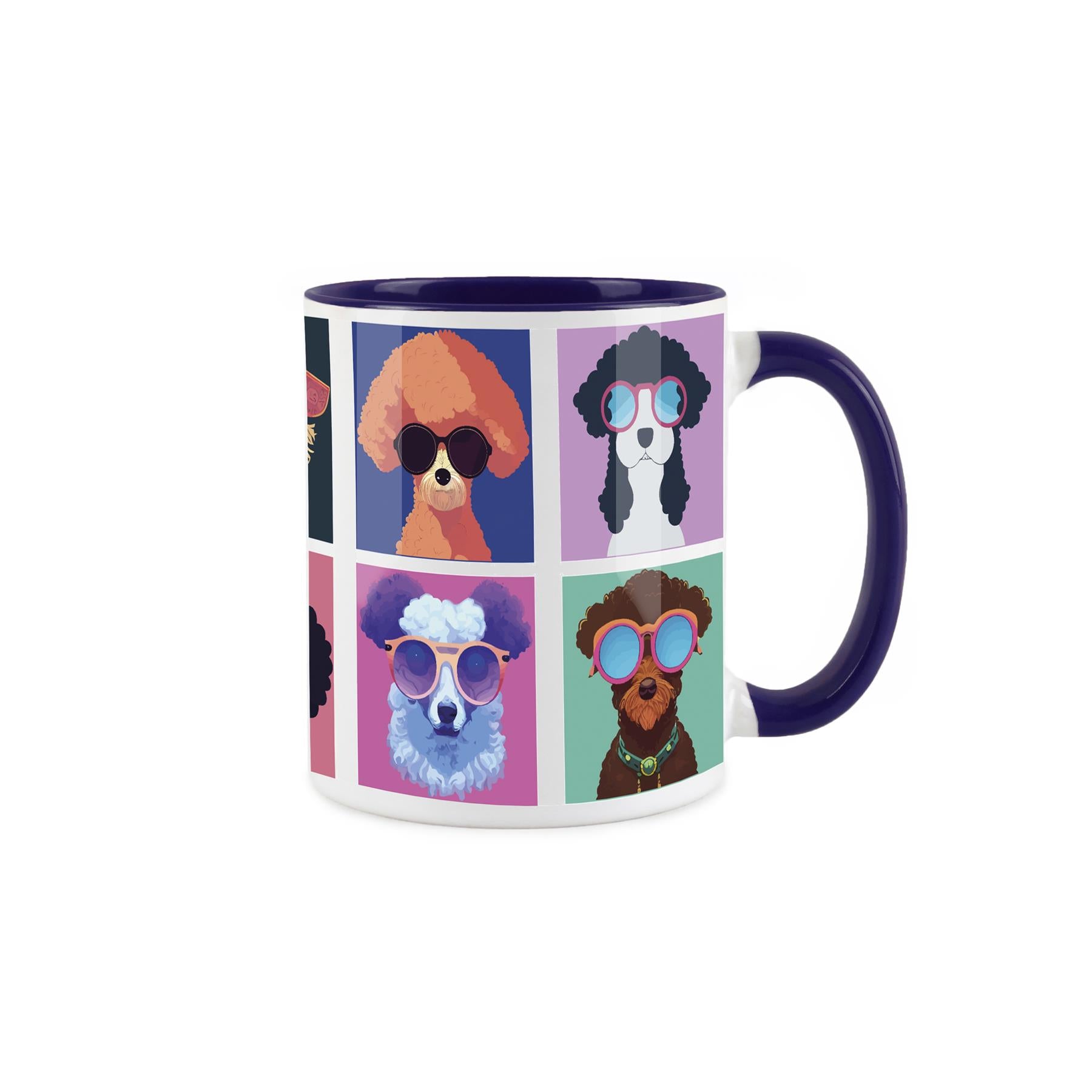 White ceramic mug with popart style depiction of colour dogs