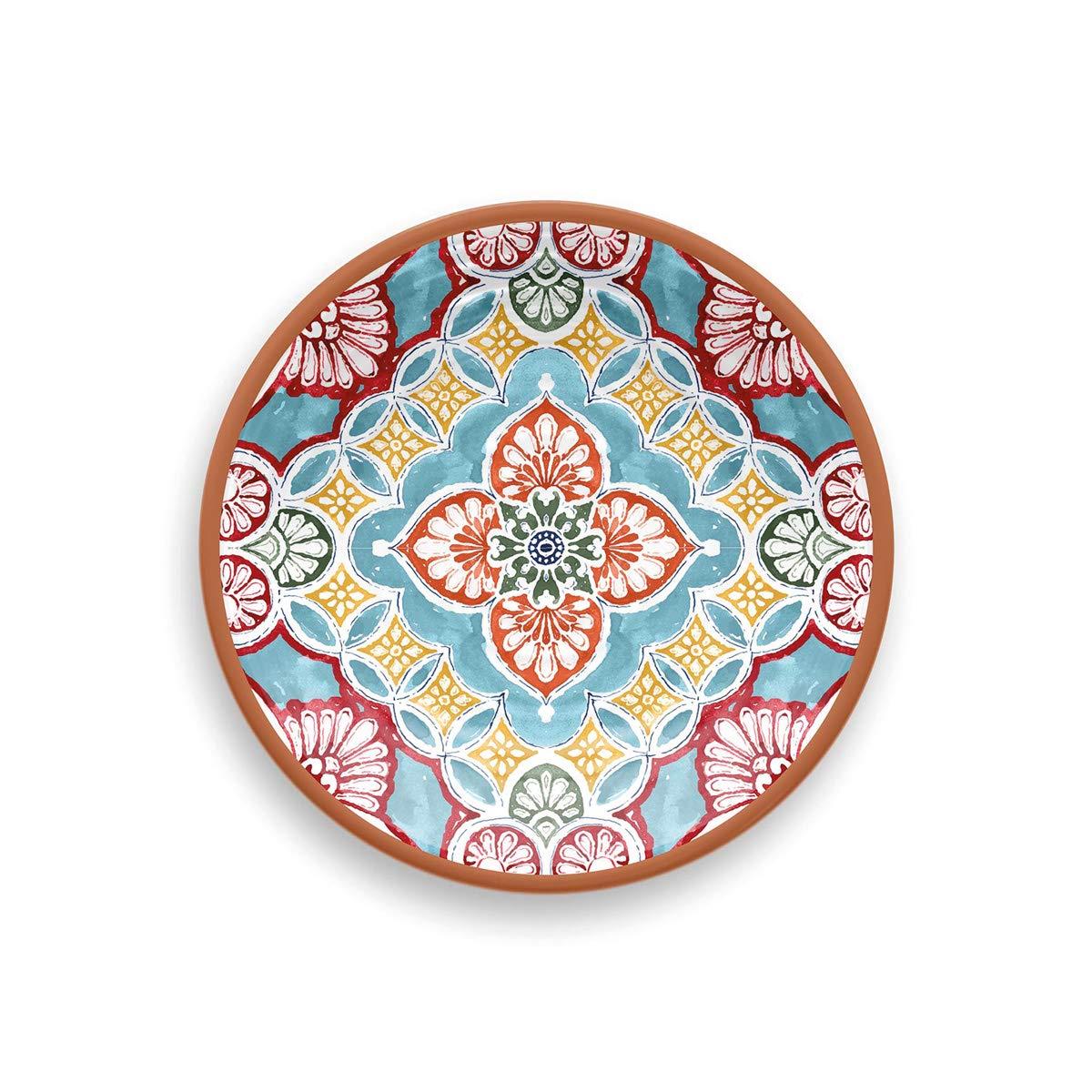 Melamine side plate featuring colourful moroccan inspired design and burnt orange rim.