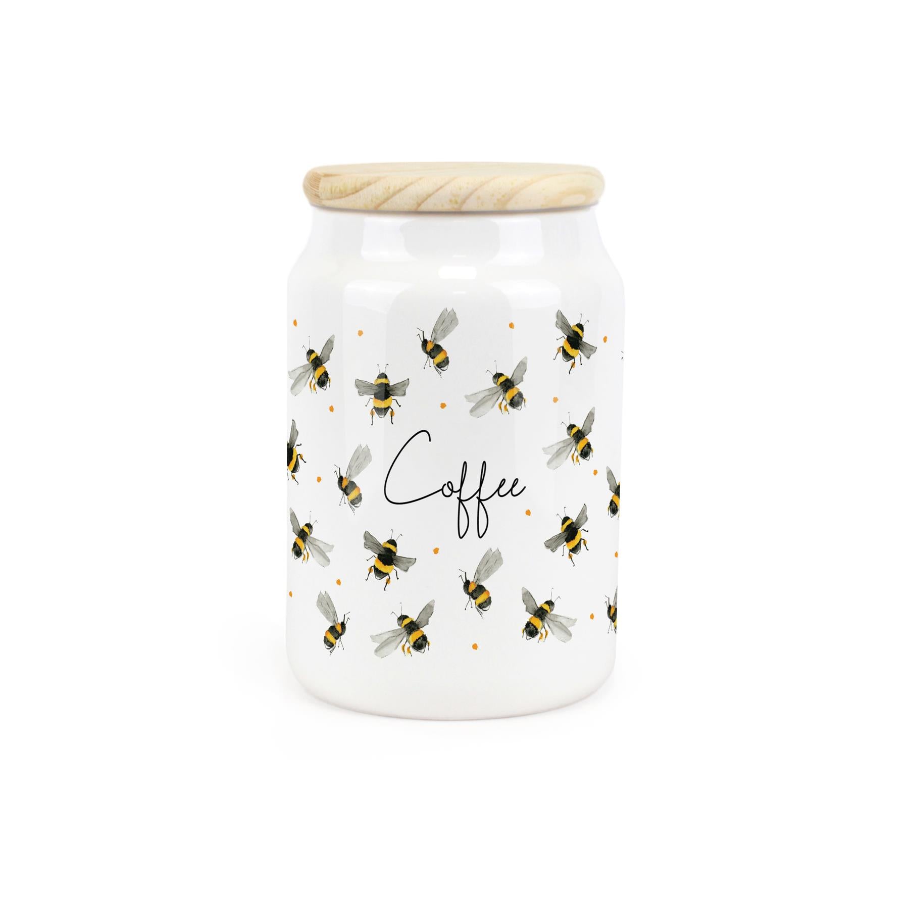 White ceramic canister featuring sweet flying bees illustration.