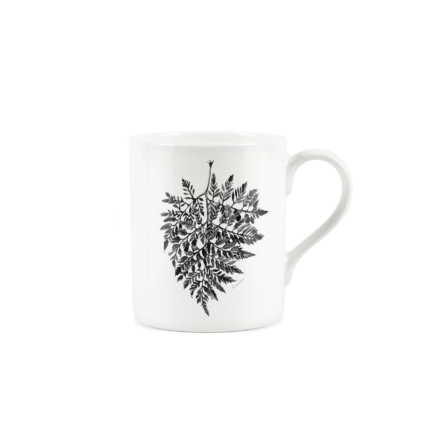 Black fern leaf rendered in a dark ink on a white bone china mug.