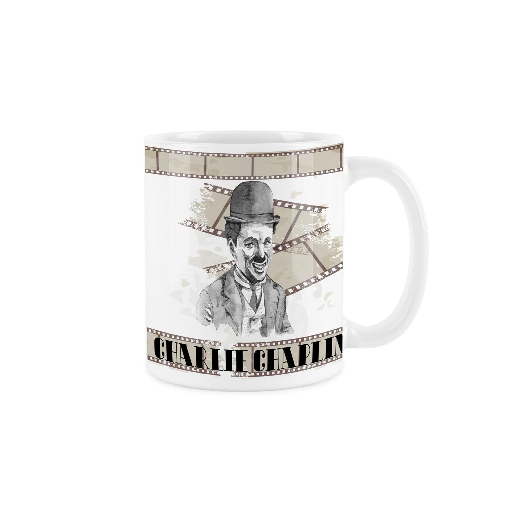 White ceramic mug featuring watercolour depiction of Charlie Chaplin on a background of tea coloured film reels