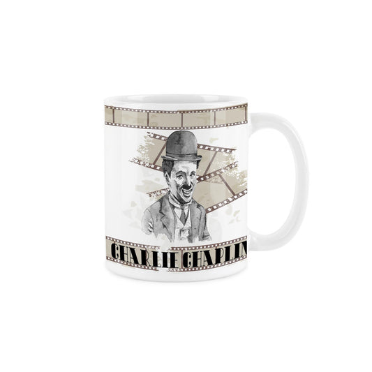 White ceramic mug featuring watercolour depiction of Charlie Chaplin on a background of tea coloured film reels