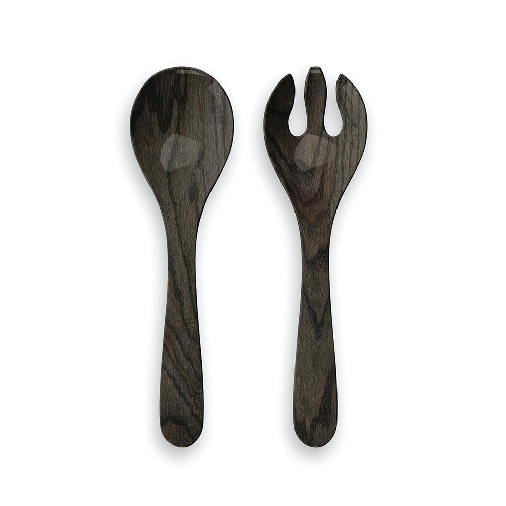 Dark grey melamine salad servers with wood grain like pattern on surface
