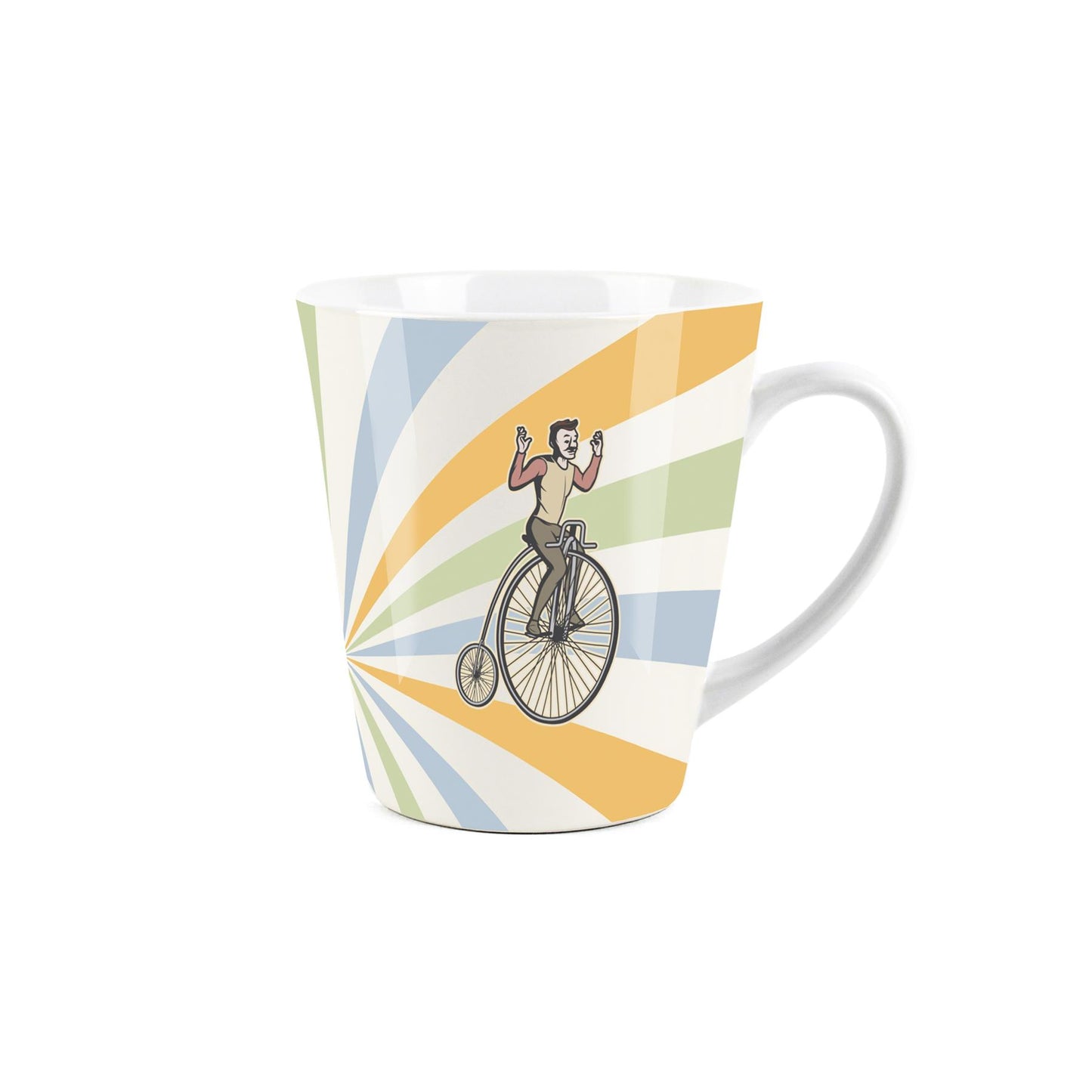 Small white latte mug featuring a vintage circus design