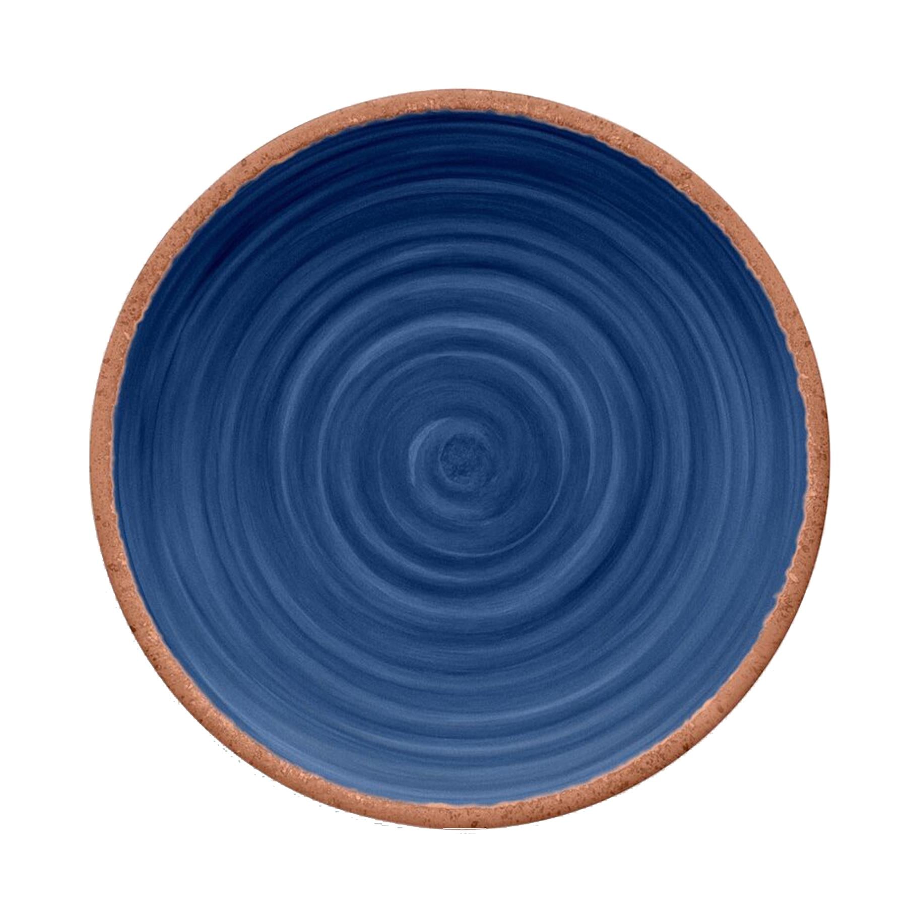 Melamine dinner plate featuring vibrant indigo swirl design and terracotta rim